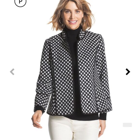 Chicos Black & White Polka Dot Wool Blend Open Front Blazer Medium/8 - Picture 1 of 6